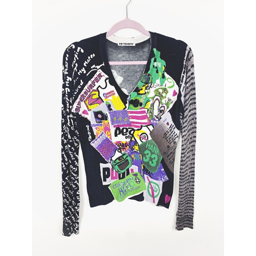 Co-Trinity Vintage Graphic Pop Art Beaded V-Neck Sweater Grunge